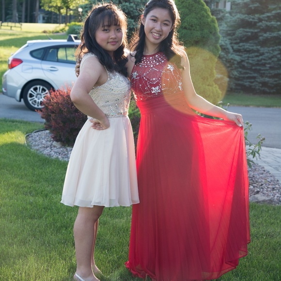 Red Prom Dress w Iridescent Beading & Strappy Back - Picture 4 of 7